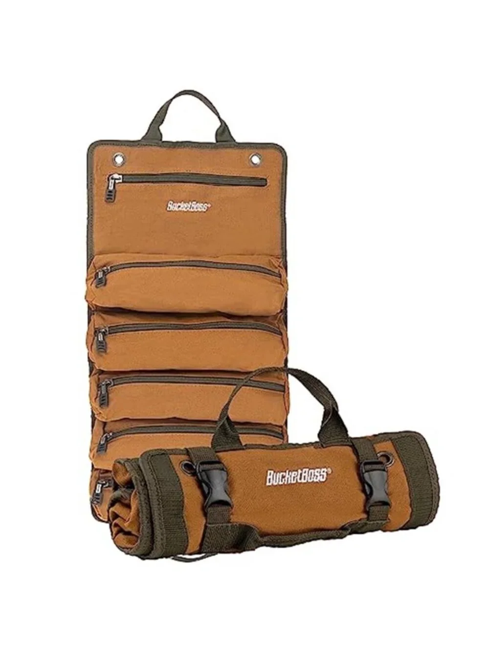 Canvas Tool Roll Up Bag Zippered Tool Organizer Pouch Storage Roll Brown